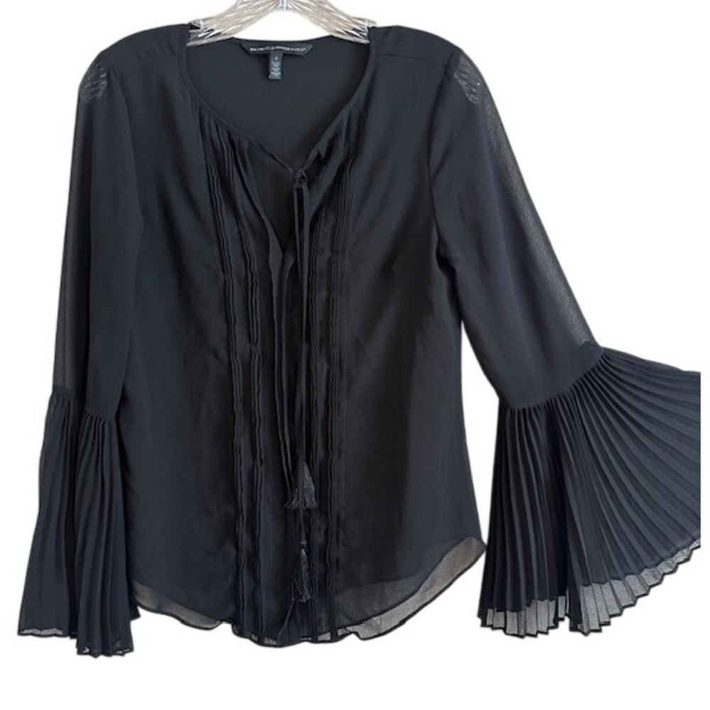 White House Black Market Women's Sheer Pleated Tie Front Black Blouse 6